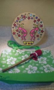 Kokopelli drum, beater and bag